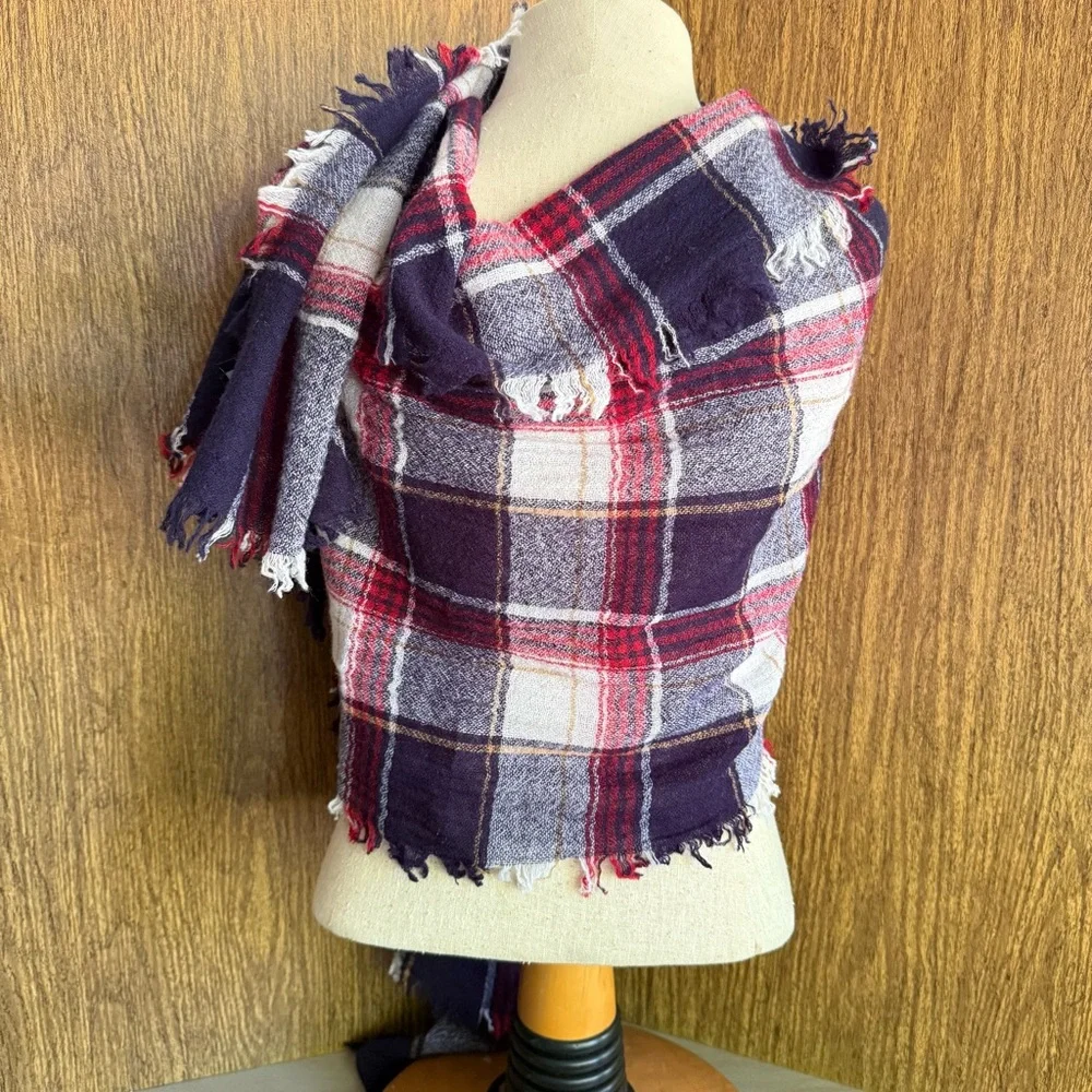 Madewell Range Plaid 100% Wool Scarf Red Navy Cream Tartan Fringe 25x72 Academia